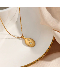 Fashion Eight-Pointed Stars Oval Pendant Necklace Inlaid Zircon Stainless Steel Necklaces