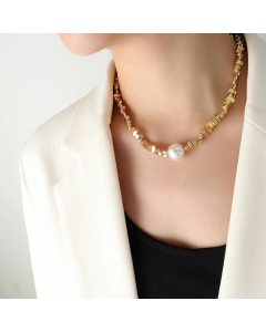Elegant Inlay Artificial Pearls Stainless Steel Necklaces Geometric Titanium Steel Necklace 