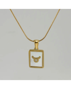 Fashion Square Tag With Constellation Pendant Necklace Gold Plated Shell Stainless Steel Necklaces-White-Taurus