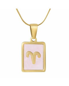 Fashion Square Tag With Constellation Pendant Necklace Gold Plated Shell Stainless Steel Necklaces-Pink-Aries