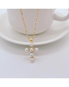 French Style Cross Titanium Steel Necklace Plating Artificial Pearls Stainless Steel Necklaces