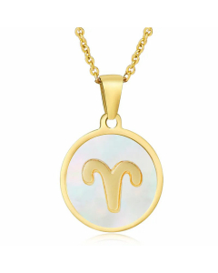 Fashion Round Constellation Inlay Sheel Pendant Stainless Steel Plating Necklace -White-Aries