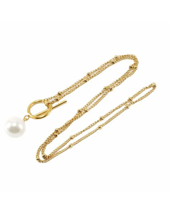 Fashion OT Buckle Chain Layered Necklaces Pearl Gold Plated Stainless Steel Necklaces