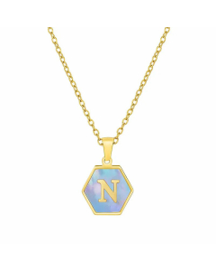 Simple Hexagon Letter Titanium Steel Pendant Necklace Inlay Shell Stainless Steel Necklaces