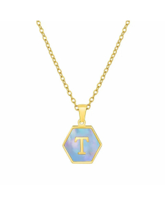Simple Hexagon Letter Titanium Steel Pendant Necklace Inlay Shell Stainless Steel Necklaces