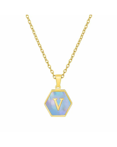Simple Hexagon Letter Titanium Steel Pendant Necklace Inlay Shell Stainless Steel Necklaces