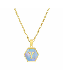Simple Hexagon Letter Titanium Steel Pendant Necklace Inlay Shell Stainless Steel Necklaces