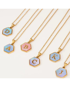 Simple Hexagon Letter Titanium Steel Pendant Necklace Inlay Shell Stainless Steel Necklaces