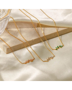 Elegant Plating Rhinestones Stainless Steel Necklaces Leaf Titanium Steel Necklace 