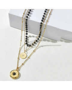 Hip-Hop Beaded Layered Rhinestones Stainless Steel Necklaces Round Star Stainless Steel Pendant Necklace