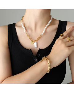 French Style Heart Shape Titanium Steel Pendant Necklace Patchwork Gold Plated Pearl Stainless Steel Necklaces