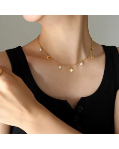 Simple Style Gold Plated Pearl Stainless Steel Necklaces Star Moon Titanium Steel Necklace 