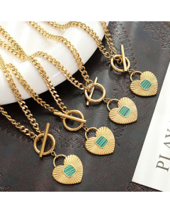 Retro OT Buckle Heart Shape Titanium Steel Acrylic Pendant Necklace