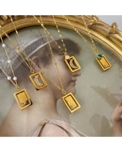 French Romantic Vintage Moon Sun Square Plate Pendant Necklace Embedded Zirconium Sweater Chain 18K