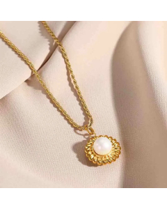 Fashion Plating Inlay Pearl Stainless Steel Necklaces Round Titanium Steel Pendant Necklace 