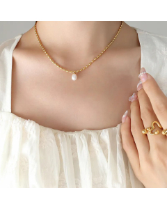 French Style Inlay Pearl Titanium Steel Pendant Necklace Plating Stainless Steel Necklaces Colorza