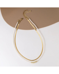 Fashion Round Beads Stainless Steel Layered Necklaces Gold Plated Pearl Stainless Steel Necklaces 2 Piece Set