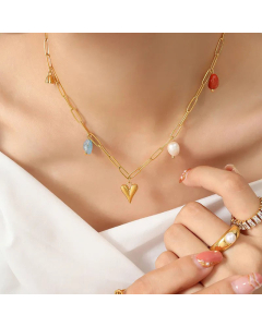 Elegant Plating Artificial Pearls Natural Stone Stainless Steel Necklaces Heart Shape Titanium Steel Necklace