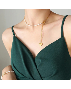 Baroque Style Beaded Patchwork Gold Plated Pearl Stainless Steel Necklaces Heart Shape Titanium Steel Pendant Necklace 