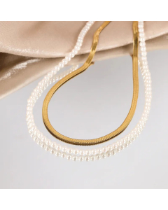 Fashion Layered Stainless Steel Necklace Gold Plated Pearl Stainless Steel Necklaces 2 Piece Set