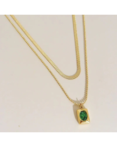 Fashion Square Stainless Steel Layered Necklaces Plating Inlay Oval Zircon Stainless Steel Necklaces-Steel Color-Green