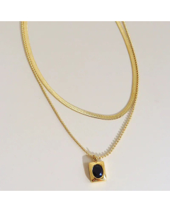 Fashion Square Stainless Steel Layered Necklaces Plating Inlay Oval Zircon Stainless Steel Necklaces-Steel Color-Black