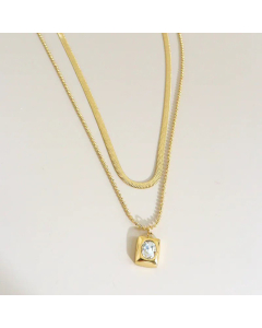 Fashion Square Stainless Steel Layered Necklaces Plating Inlay Oval Zircon Stainless Steel Necklaces-Steel Color-White