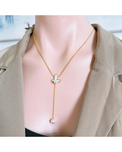 Fashion Inlay Artificial Pearls Shell Stainless Steel Necklaces Butterfly Titanium Steel Pendant Necklace 