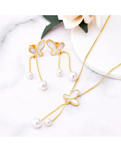 Fashion Inlay Artificial Pearls Shell Stainless Steel Necklaces Butterfly Titanium Steel Pendant Necklace 