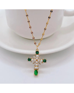 Refined Cross Titanium Steel Pendant Necklace Inlay Artificial Pearls Stainless Steel Necklaces Colorza