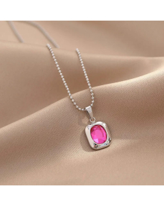 Classic Square Titanium Steel Necklace Inlaid Gold Zircon Stainless Steel Necklaces-Steel Color-Pink