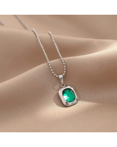 Classic Square Titanium Steel Necklace Inlaid Gold Zircon Stainless Steel Necklaces-Steel Color-Green