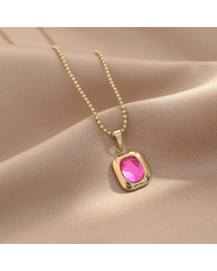 Classic Square Titanium Steel Necklace Inlaid Gold Zircon Stainless Steel Necklaces-Gold Color-Pink
