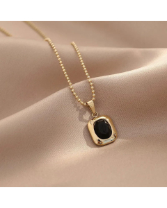 Classic Square Titanium Steel Necklace Inlaid Gold Zircon Stainless Steel Necklaces-Gold Color-Green