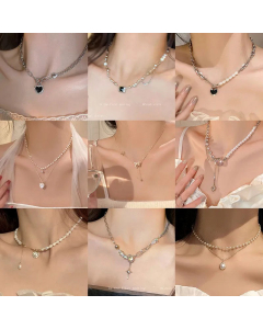 Fashion Heart Shape Titanium Steel Pearl Inlay Zircon Layered Necklaces Colorza