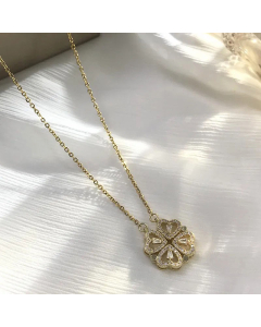 Fashion Rhinestone Four Leaf Clover Heart Shape Titanium Steel Necklace-Gold Color-01