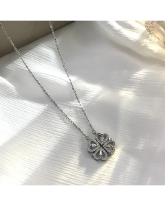 Fashion Rhinestone Four Leaf Clover Heart Shape Titanium Steel Necklace-Steel Color-01