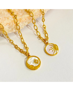Retro Plating Inlay Shell Zircon Pendant Necklace Enamel Sun Moon Titanium Steel Colorza