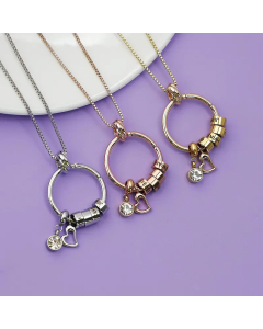 Fashion Lettering Beads Peach Heart Birthstone Stainless Steel Rhinestone Pendant Necklace