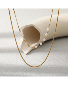 Fashion Double Layer Stainless Steel Necklace Inlay Artificial Pearls Stainless Steel Necklaces Colorza