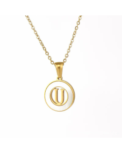 Fashion Round Letter Stainless Steel Pendant Inlay Shell Necklace Colorza