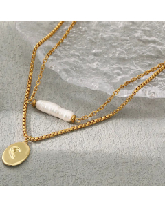 Retro Inlay Artificial Pearls Stainless Steel Necklaces Oval Stainless Steel Necklace Colorza