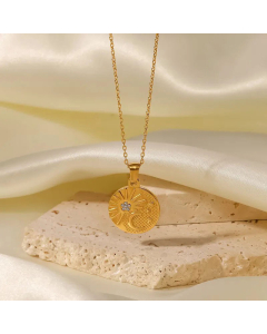 Fashion Sun Moon Inlay  Zircon Round Pendant Stainless Steel Necklace