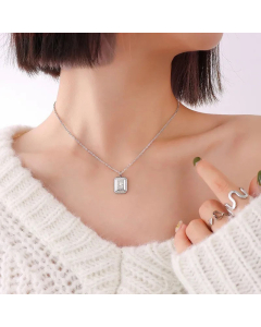 Retro Inlay Zircon Stainless Steel Necklaces Square Water Droplets Titanium Steel Pendant Necklace-Steel Color-02