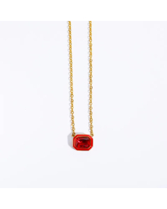 Fashion Inlay Zircon Earrings Square Pendent Stainless Steel Necklace-01-Red