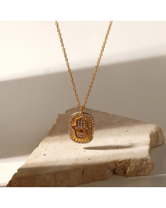 Retro Plating Zircon Pendant Necklace Geometric Hand Of Fatima Stainless Steel 