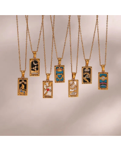 Fashion Square Tarot Tag Stainless Steel Plating Inlay Zircon Pendant Necklace Colorza