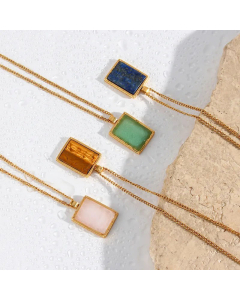 Fashion Inlay Natural Stone Necklace Square Stainless Steel