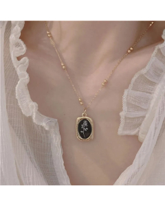 Texture Sweet Rose Square Pendent Plating Titanium Steel Necklace