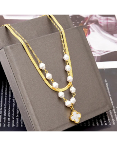 Fashion Plating Artificial Pearls Stainless Steel Necklaces Four-Leaf Flower Titanium Steel Layered Necklaces 